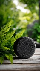A close-up view of a black charcoal ball next to a fern on a wooden surface