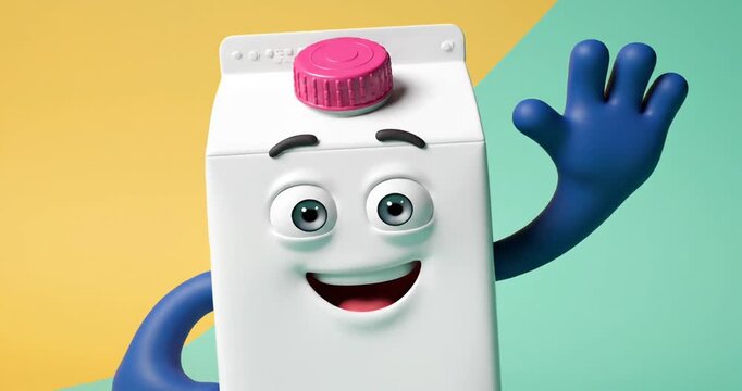 Cheerful cartoon milk carton character waving hello against a vibrant split-color background