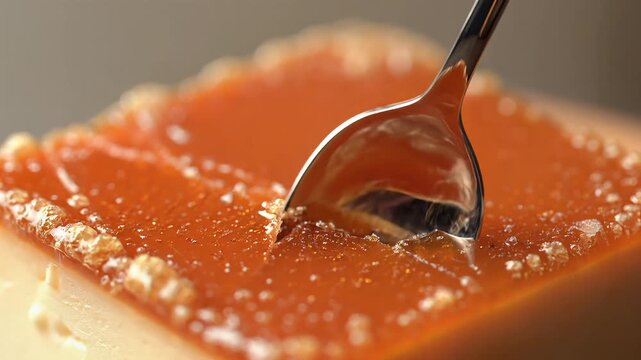 Spoon dipping into caramel sauce on a dessert, close-up shot focusing on the texture and viscosity of the sweet treat