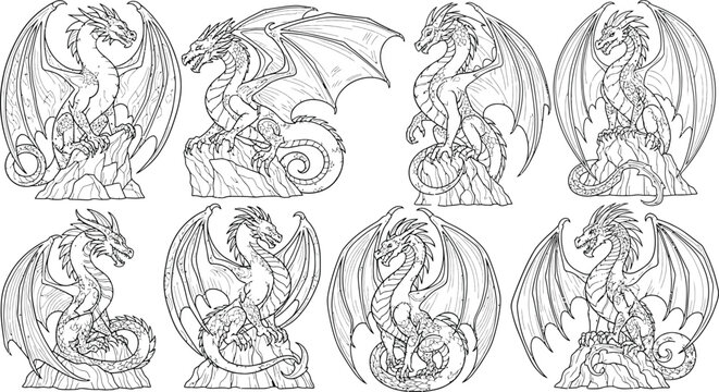 Collection of detailed fantasy dragon illustrations in various poses line art style perfect for coloring books mythical themes or graphic design elements