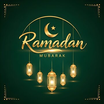 Adobe Stock 2026 Ramazan Mubarak greetings with golden lanterns and crescent moon on dark green background jpeg
