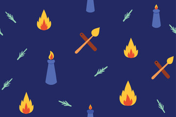 Minimalist fireplace elements with logs, flickering candlelight, and hearth tools, a charming flat vector pattern for holiday greetings and seasonal design. © T-tapon