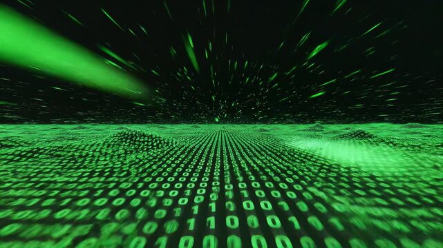 Dynamic binary code tunnel with glowing green digits and streaks of light, creating a futuristic and high-tech atmosphere, symbolizing data transmission and digital innovation.