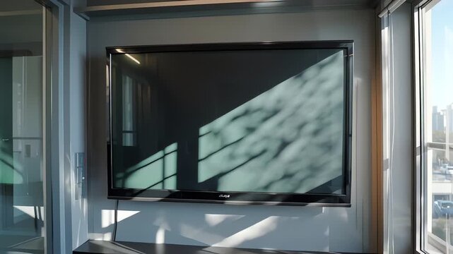 Large wall-mounted flat screen TV in modern office with sunlight.