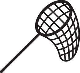 A classic black and white vector illustration depicts a simple hand-held catching net, perfect for fishing, insects, or general collection. © Shirin
