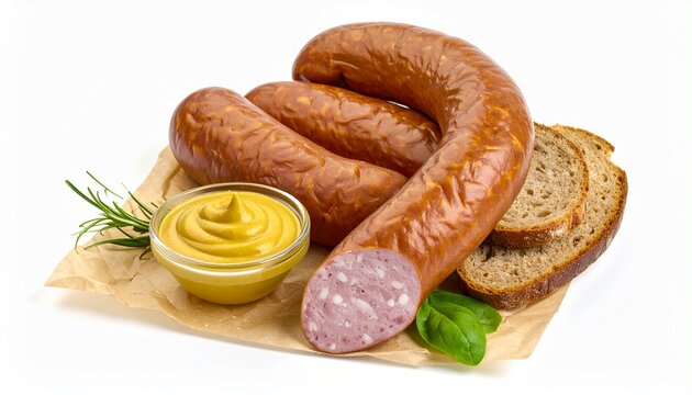 sliced roasted polish kielbasa on white background commercial use