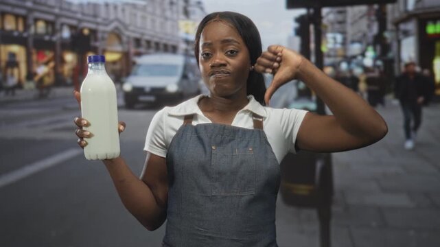 Woman in apron holding milk bottle with blue cap and showing thumbs down on a busy city street with blurred shoppers and a van; disapproval.