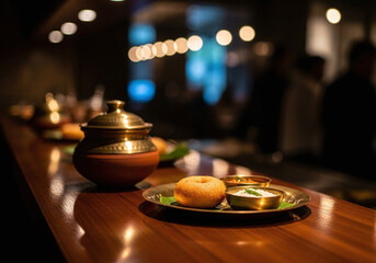 Obraz premium Indian cuisine, restaurant food, dinner dishes, ethnic meal, culinary delights, on wooden table