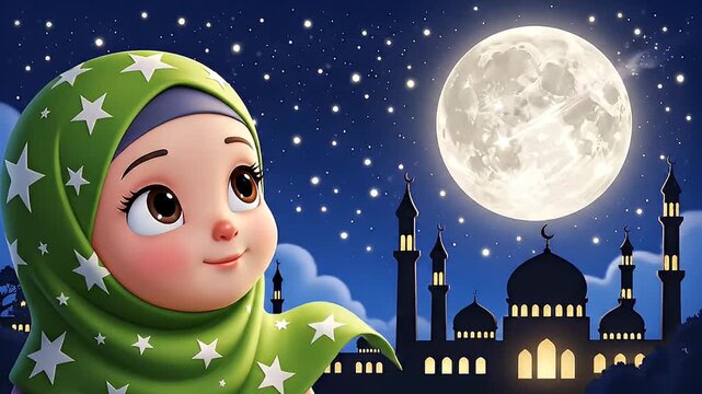 Cartoon Muslim Girl Gazing at the Moon During Ramadan with Mosque in Background