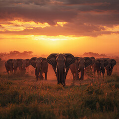 Fototapeta premium A powerful elephant herd marches through the African savanna at sunset. Golden light catches their tusks and wrinkled skin, creating a majestic, dusty silhouette against the vibrant orange sky