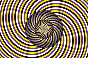 Vibrant spiral optical illusion with purple, yellow, black and white stripes