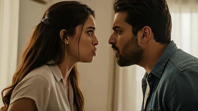 Close-up of a man and woman face to face, seemingly in conflict or intense conversation