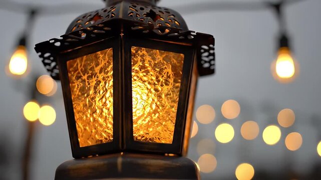 Close-up of a glowing decorative lantern with warm light against blurred string lights