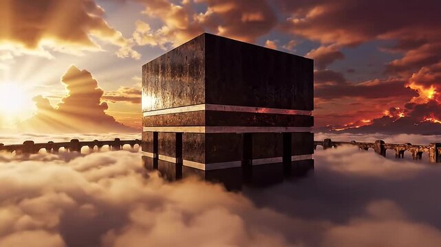 Abstract illustration of a cube-shaped structure floating in the clouds during a sunset