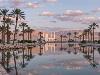 Obraz premium White mosque reflecting in water with palm trees and desert dunes