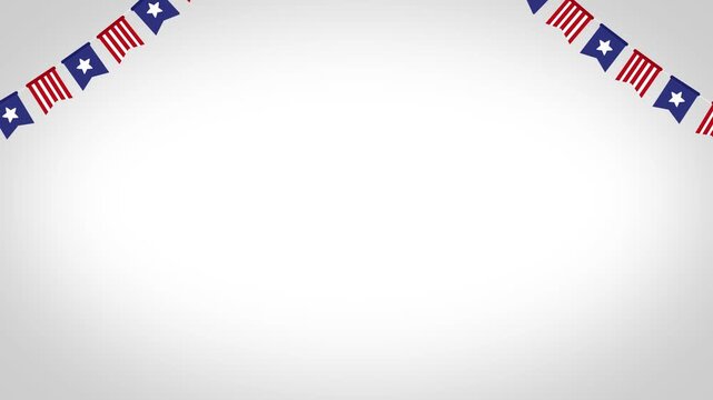 Patriotic american decorative flag with red stripes and white stars on a blue background hanging on a clean white backdrop.