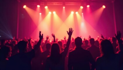 Silhouetted hands raised in joyful concert applause , powerful, stage, music show
