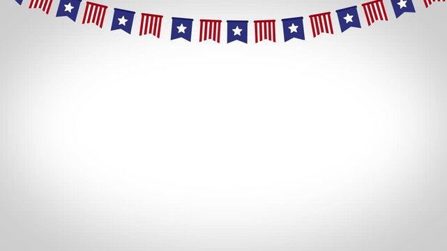 Patriotic american decorative flag with red stripes and white stars on a blue background hanging on a clean white backdrop.