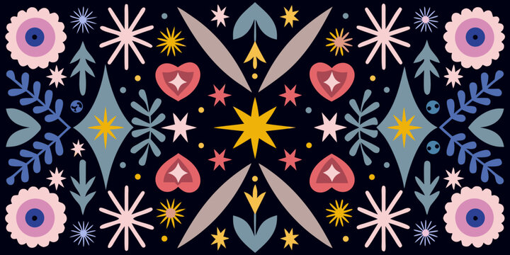 A symmetrical folk art pattern with floral and geometric shapes