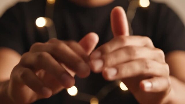 Person's hands gently interact with a string of warm, glowing bokeh lights