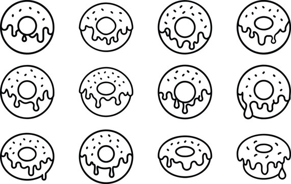 Sweet Treat Array: A dozen delightful donuts, each adorned with a unique drizzle of sweet icing and a sprinkle of festive decoration, presented as a seamless pattern.
