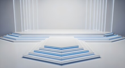 Obraz premium Futuristic empty stage with blue neon lights and geometric shapes in a minimalist studio setting