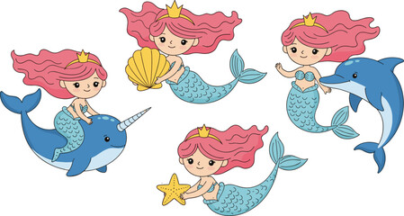 Cute mermaid princess cartoon vector set, kawaii underwater fantasy girl with dolphin narwhal starfish sea character illustration collection design © Itz Marjia