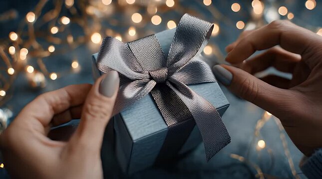 Hands Holding Gift Box with Ribbon.