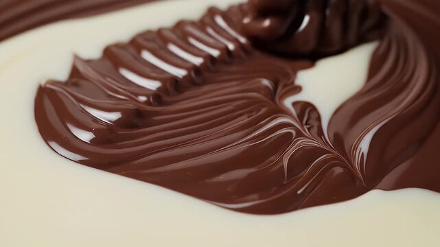 Dark Chocolate Swirl on White Chocolate - A closeup shot showcasing a swirl of rich, dark chocolate being poured and blending into a creamy white chocolate base.