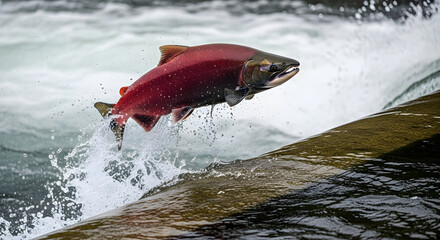 Fototapeta premium Salmon leaping out of water with vibrant red color
