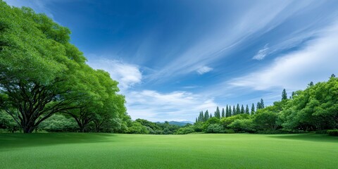 green lawn, blue sky, trees in the background