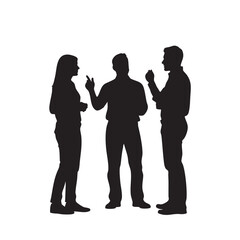 Business team silhouettes having discussion or casual meeting for teamwork concept showing group of colleagues talking and gesturing together in black and white vector illustration on white background