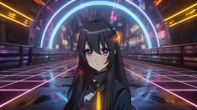 Cyberpunk Anime Girl in Futuristic Neon Portal High Tech Background 3D Render
