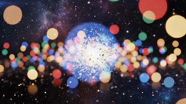 Abstract Bokeh Lights Background - A vibrant and festive abstract video featuring colorful bokeh lights against a dark cosmic background sprinkled with glitter particles.
