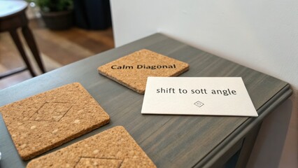 Coasters with Text Design Featuring Calm Diagonal and Shift to Sott Angle on Modern Table in Contemporary Setting