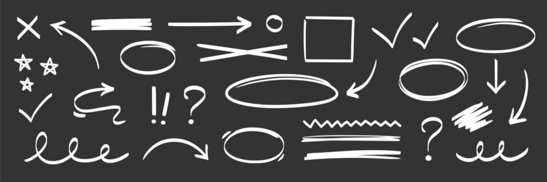 Arrow, highlight marker stroke set. Marker pen line hand drawn brush stroke sketch circle, underline, arrow. Doodle check, cross, highlight scribble round icon on chalkboard. Vector illustration