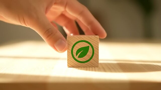 Hand placing wooden block with eco symbol.