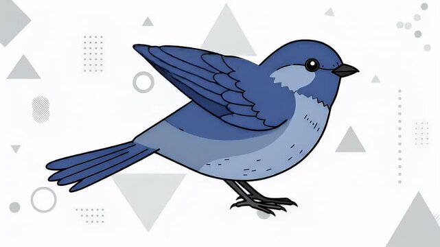 A cartoon illustration of a blue bird on a white background with geometric shapes