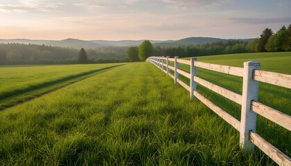 Fototapeta premium A scenic rural landscape with a white wooden fence dividing lush green fields under a partly cloudy sky, showcasing countryside tranquility, natural beauty, and peaceful open space