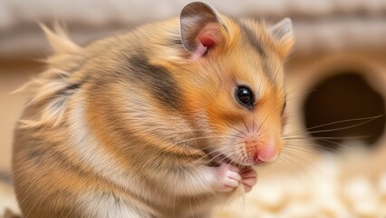 Obraz premium Close-up of a cute brown and white hamster eating in its cage with wood shavings.