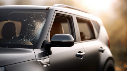 Damaged black car with shattered windshield parked in a serene outdoor setting, showcasing the impact of an accident and its aftermath