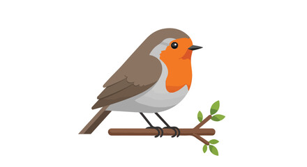 Illustration of a robin perched on a branch with green leaves against a white background.