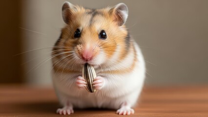 Fototapeta premium A cute golden hamster with white and brown fur holding and eating a sunflower seed.