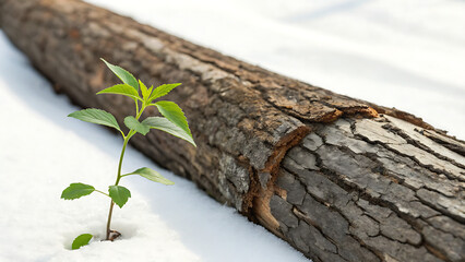 Fototapeta premium Young green plant sprouting from cracked dry log minimalist nature growth concept