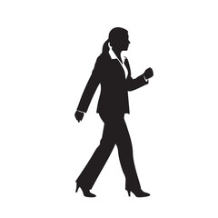Silhouette of woman in business suit walking, representing active professional, career woman, movement, and determination, on clean white background for commercial use