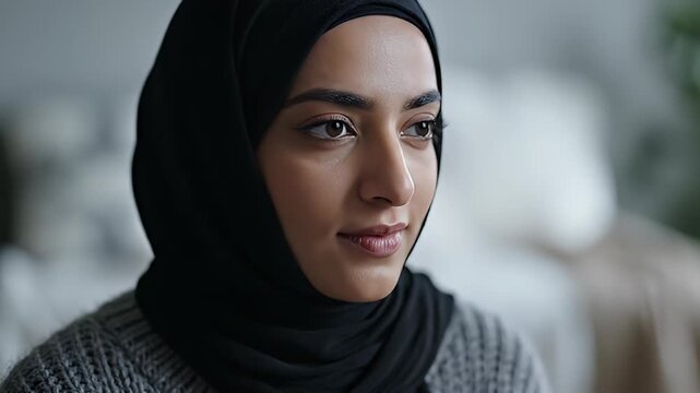 Beautiful Muslim Woman in Black Hijab Looking Away with a Serene Expression in Natural Daylight