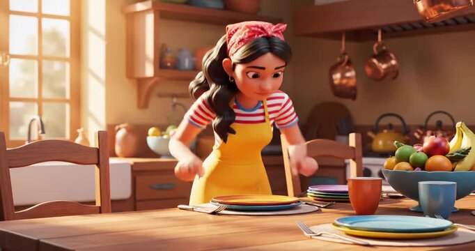 A woman in a colorful kitchen setting arranges plates on a table while fruits are displayed