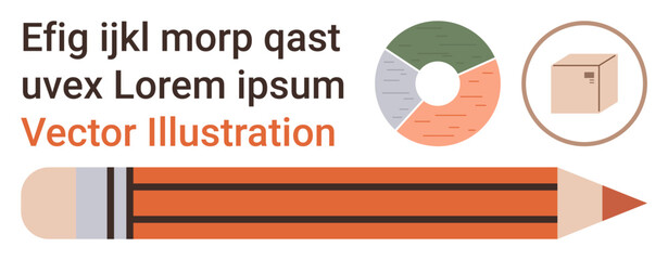 Education, business, analytics, communication, creative tools, data visualization. A pencil, pie chart and a box icon displayed together. Education and business concepts are