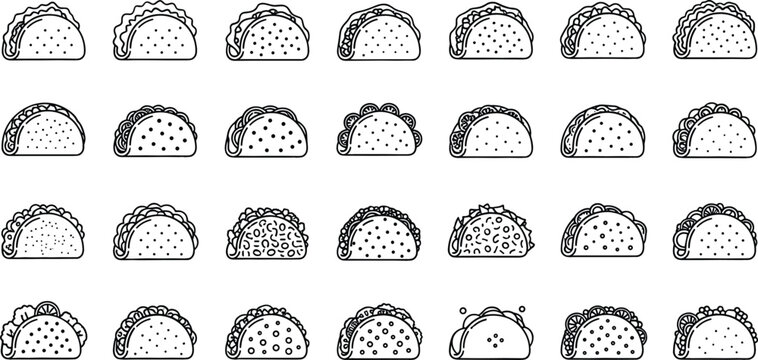 Hand Drawn Taco Collection Line Art Icon Set with Mexican Street Food Variations for Restaurant Menu, Fast Food Branding, and Culinary Design