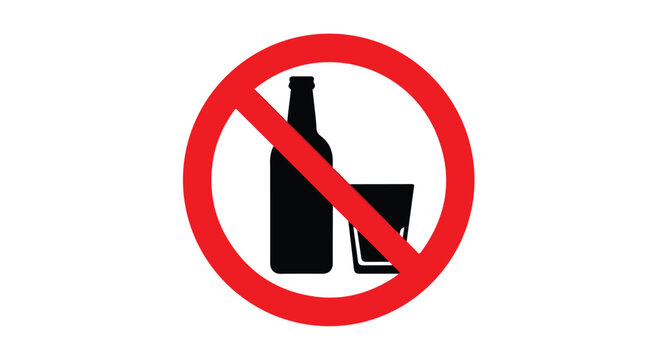Graphic symbol indicating no alcohol consumption with a red circle and line through a bottle and glass on a white background.
